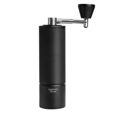 Black coffee grinder with stainless steel handle attached on a white background